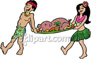 Hawaiian Couple Carrying A Whole Roasted Pig   Royalty Free Clipart