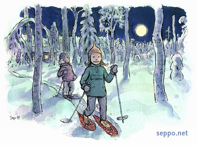 Snowshoeing Cartoon Full Moon And Snowshoes