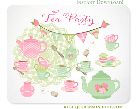 Tea Party Clipart   Shabby Chic   Doily Bunting Tea Set Macarons    