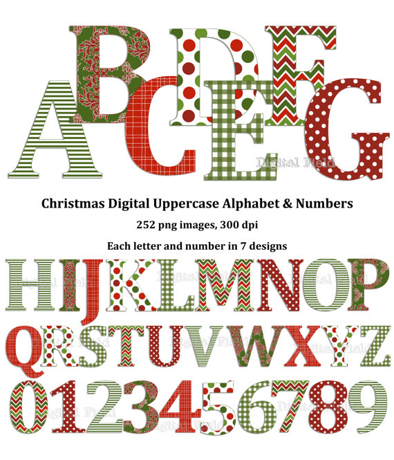 Christmas Uppercase Alphabet And Number Clip Art Set   Red   Green    