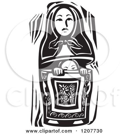 Clipart Of A Girl Peeking Out Of A Russian Nesting Doll Black And