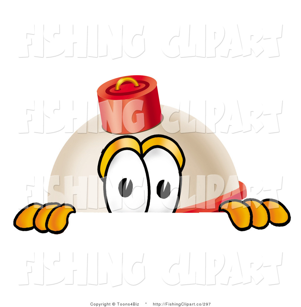 Red And White Fishing Bobber Mascot Cartoon Character Peeking Over A