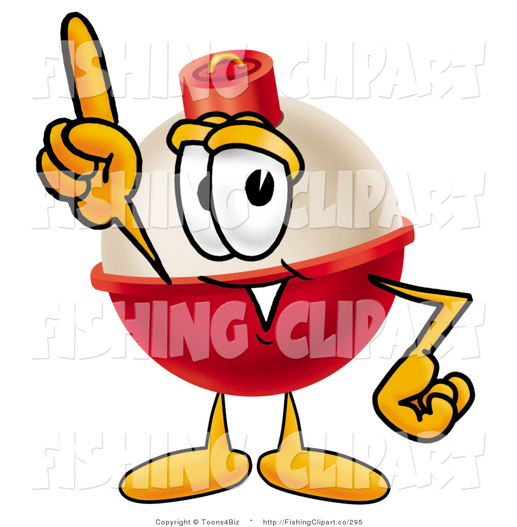 Red And White Fishing Bobber Mascot Cartoon Character Pointing At The