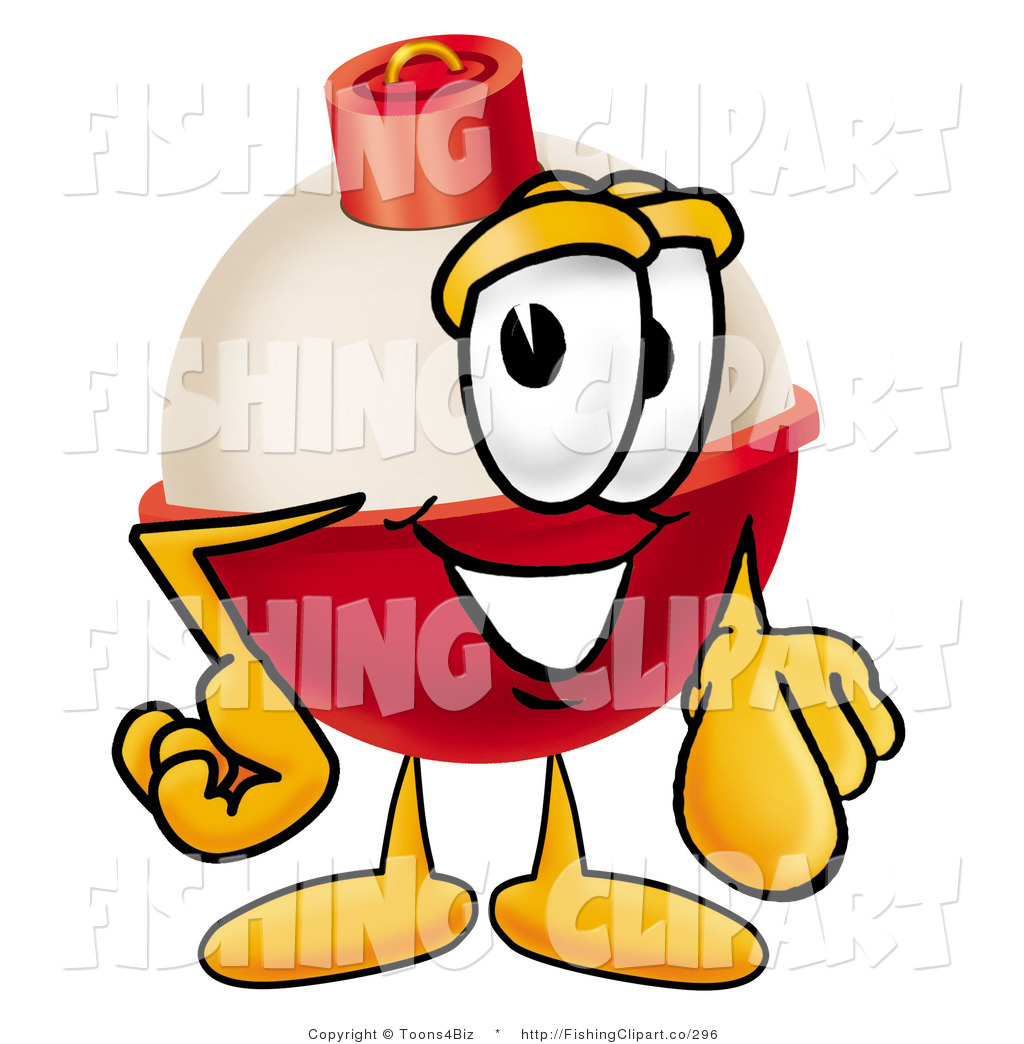 Red And White Fishing Bobber Mascot Cartoon Character Pointing At The    