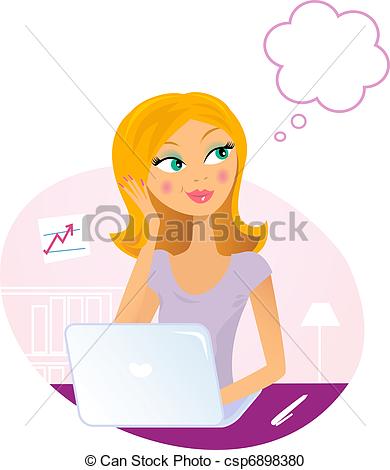 Vector Clipart Of Office Woman With Laptop Dreaming About Something