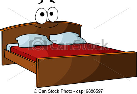 Wooden Double Bed With Bed Linen And A Smiling Face For Furniture Or