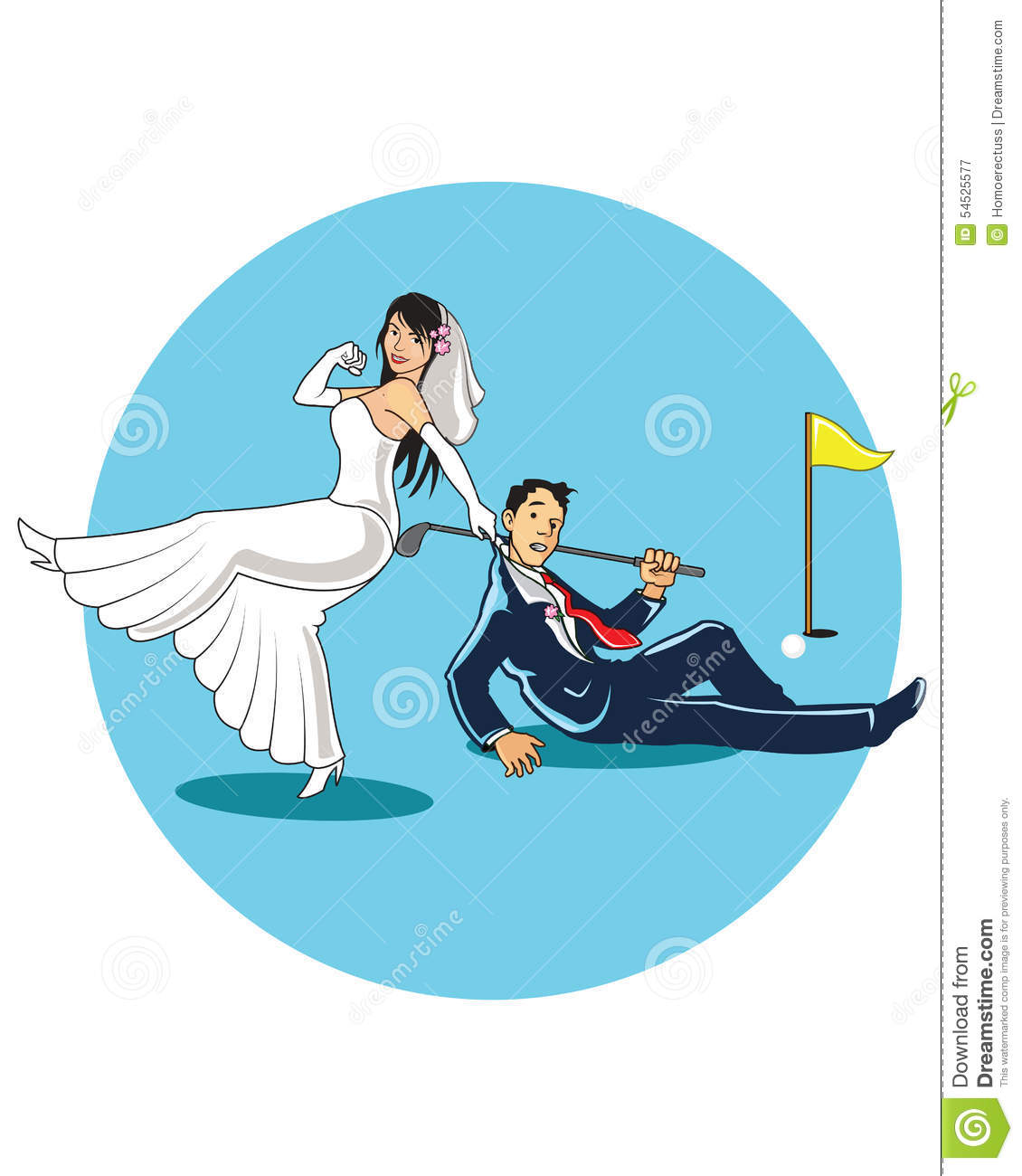     Cartoo Design Of Funny Bride Drag Her Golfer Broom In Golf Course
