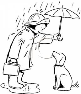 Child In A Raincoat Holding An Umbrella Over A Dog Clip Art Image