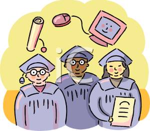 Clipart Image Of A Computer And Diploma Over Three Smiling Graduates