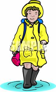 Girl Weighing A Rain Coat Boots And A Rain Hat And Walking