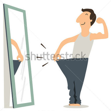 Happy Man Standing In Front Of Mirror And See Himself Slim And Fitness