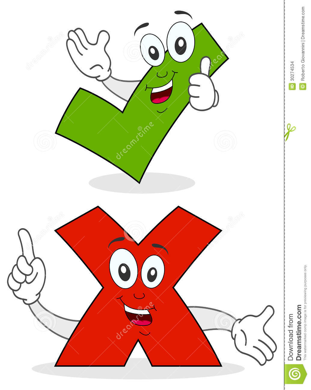 Two Cartoon Character Smiling  A Green Yes Check Mark And A Red No    