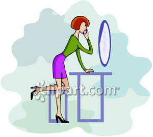 Woman Standing At Her Vanity Using The Mirror   Royalty Free Clipart