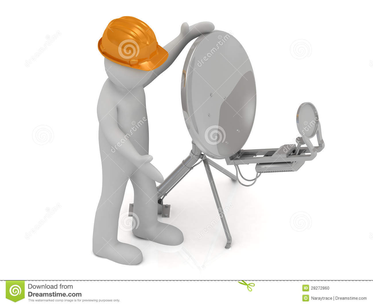 3d Man In Orange Helmet Adjusts The Satellite Dish Stock Photo   Image    