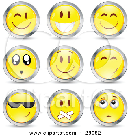     Awed Cool Silenced And Nervous Yellow Emoticon Faces Circled In Chrome