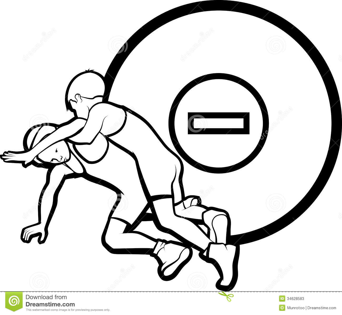 Black And White Vector Illustration Of Boy Wrestlers With A Wrestling