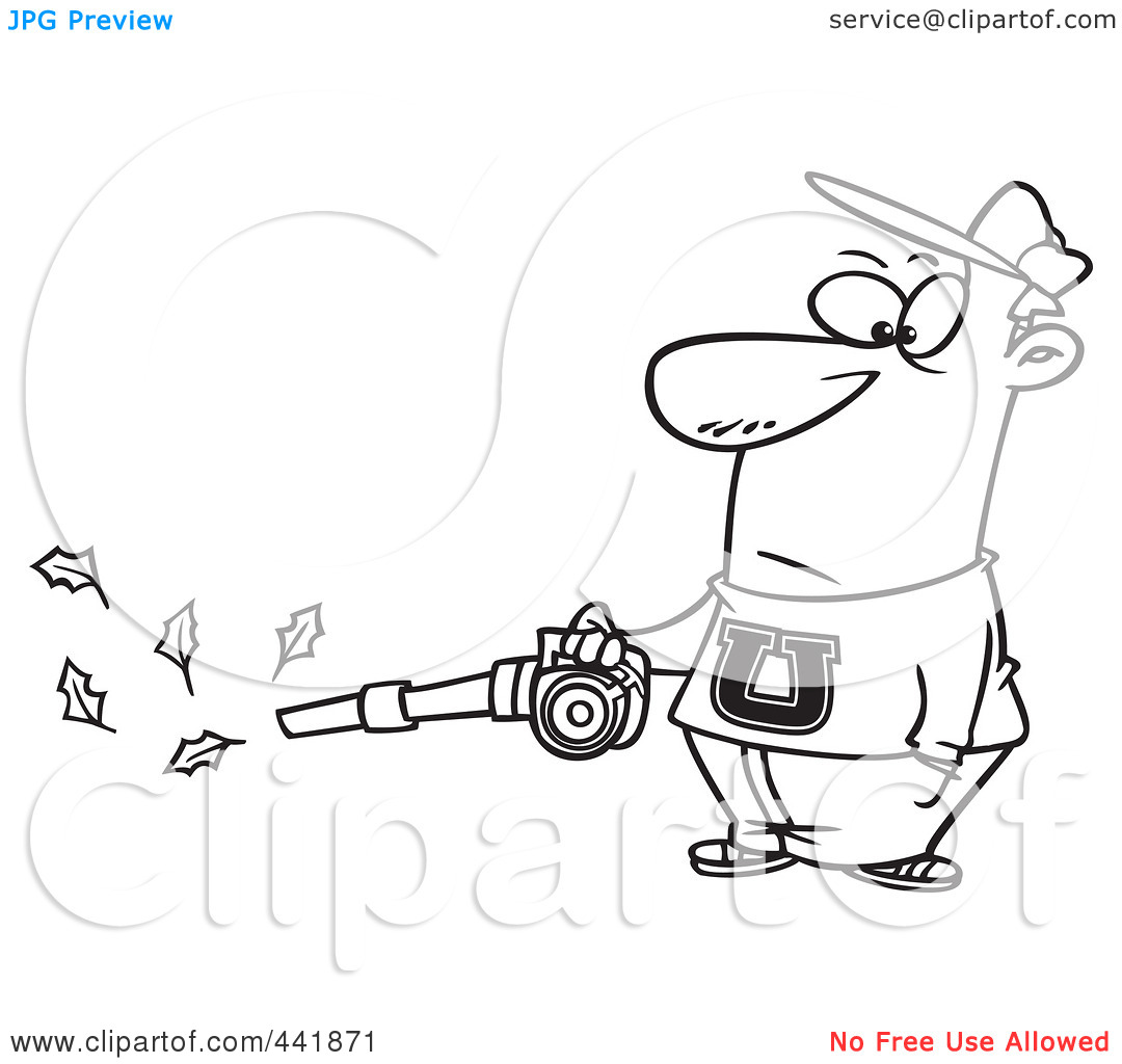 Cartoon Black And White Outline Design Of A Man Using A Leaf Blower By