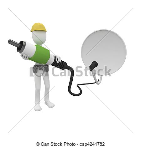 Clip Art Of 3d Man Cable Guy With Satellite Dish And Connect Cable