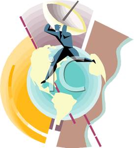 Clipart Image Of A Man Carrying A Satellite Dish Across The Globe 