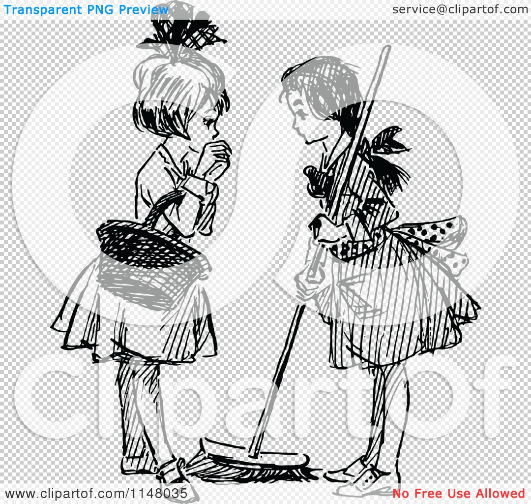 Clipart Of Retro Vintage Black And White Girls Sweeping And Talking
