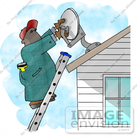 Man Installing A Satellite Dish On A House Roof Clipart    17421 By    