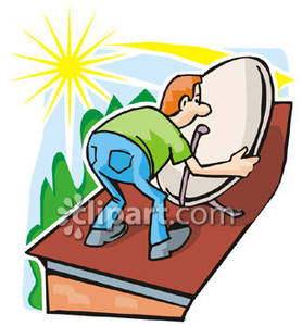 Man Putting A Satellite Dish On His Roof   Royalty Free Clipart