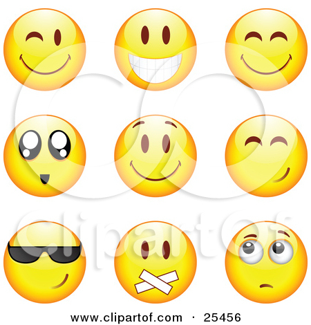 Smiling Happy Awed Cool Silenced And Nervous Yellow Emoticon Faces