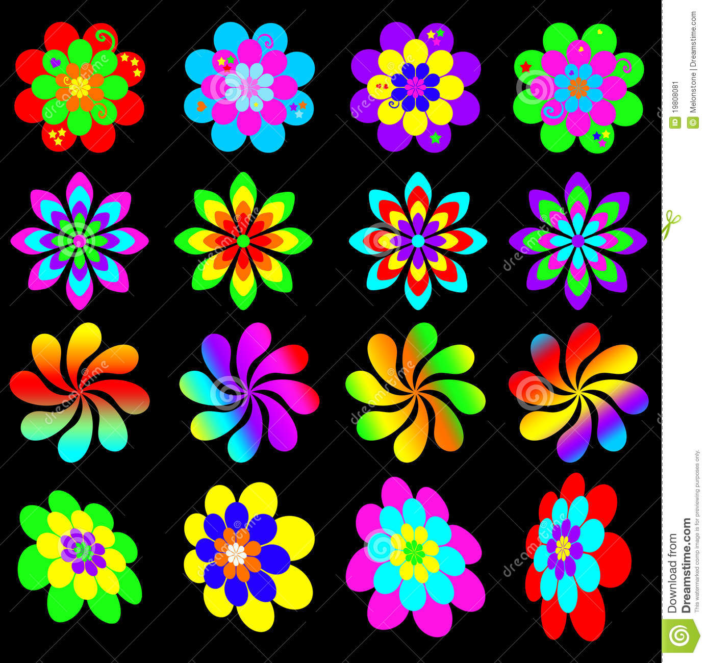 Collection Of Funky Retro Bright And Colorful Flowers Reminiscent Of