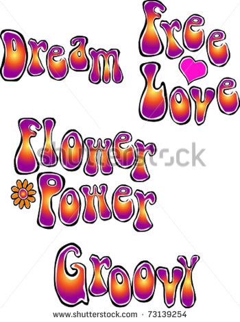 Retro Happy Hippie Set Of Flower Power Groovy Words Vector