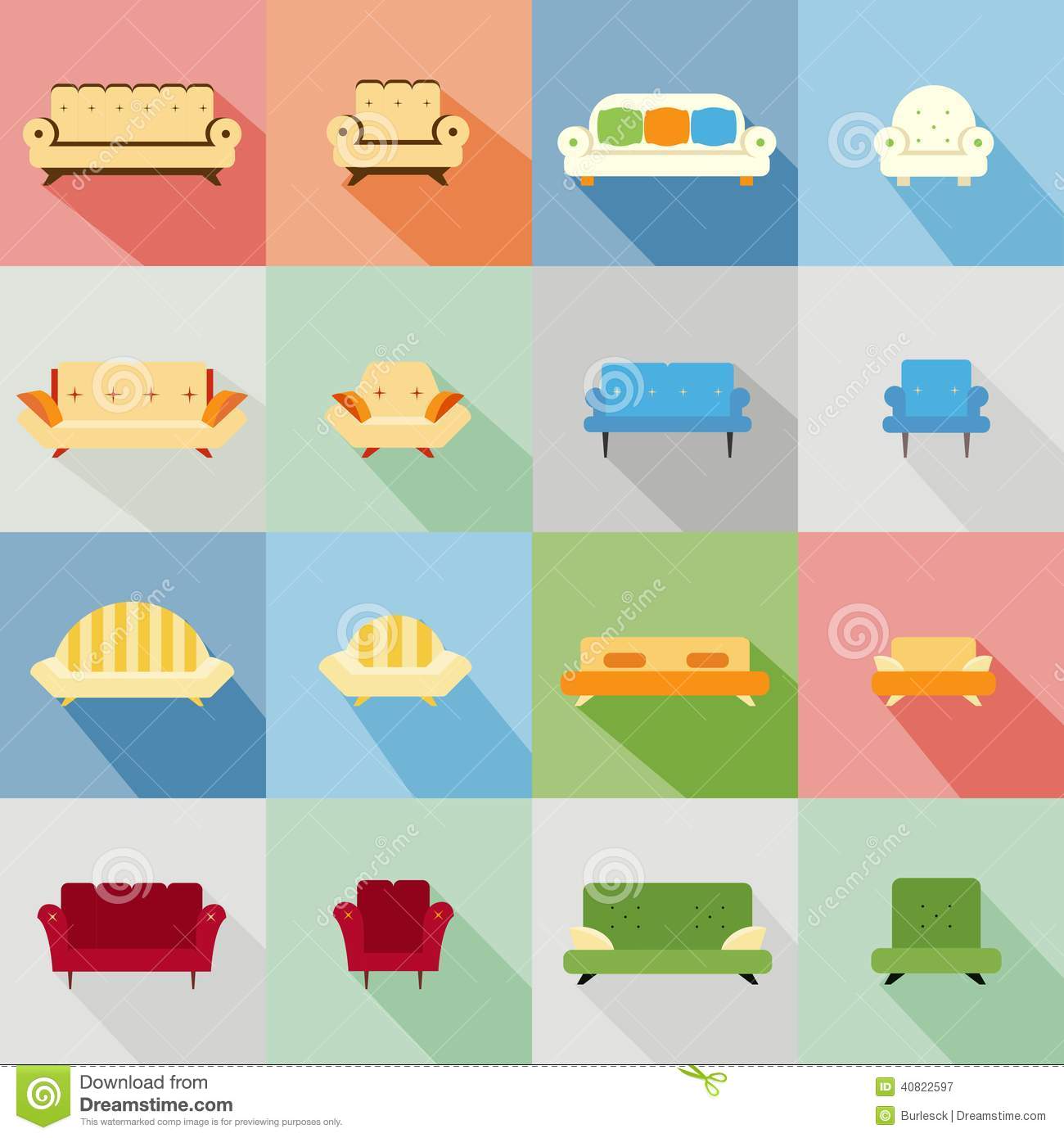 Set Of Icons Of A Variety Of Matching Sofas And Chairs In Different