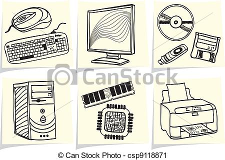 Vector   Pc Components And Peripheral Devices Sketches On Yellow Memo