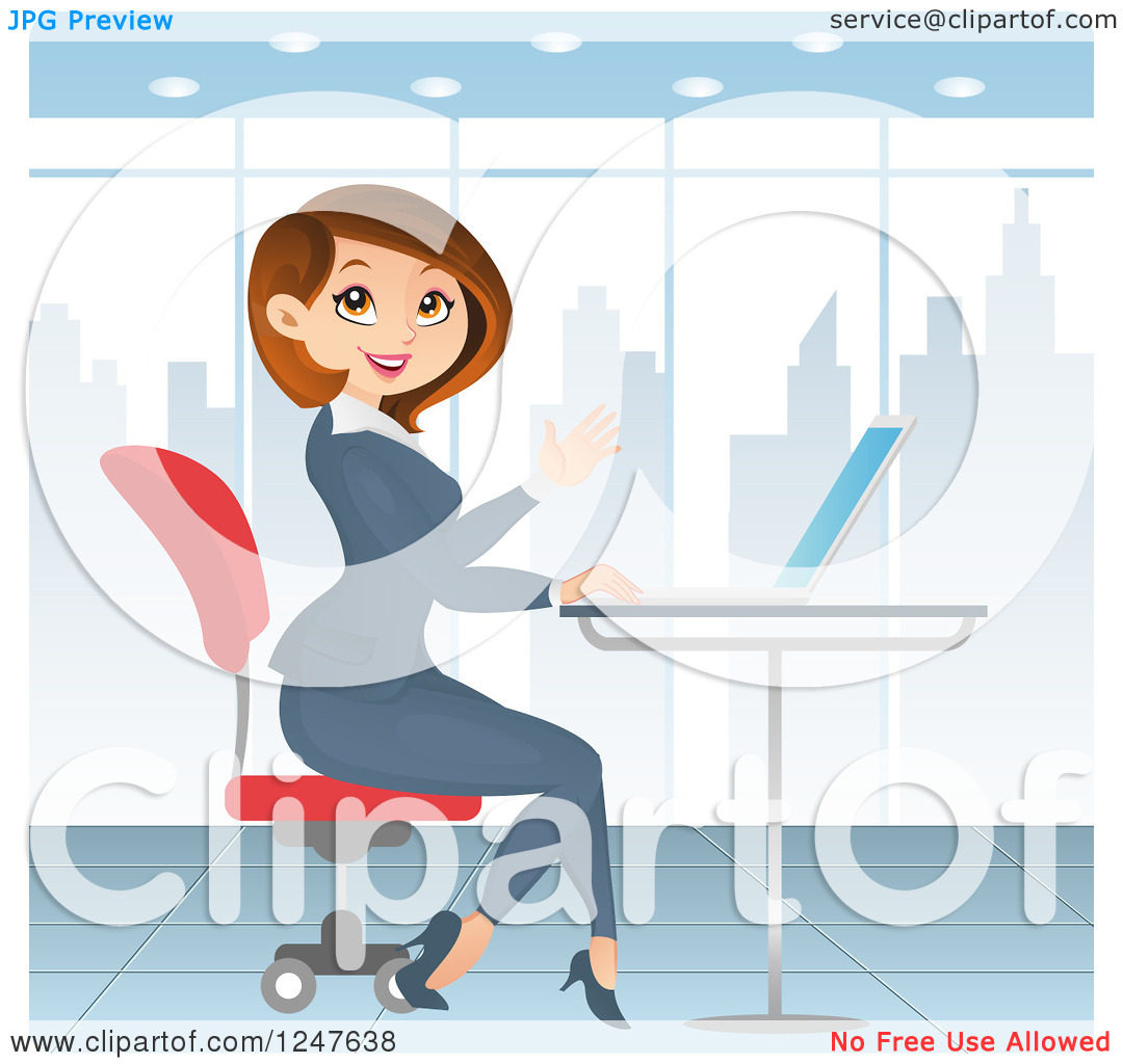 Clipart Of A Professional Brunette Business Woman Waving And Using A    