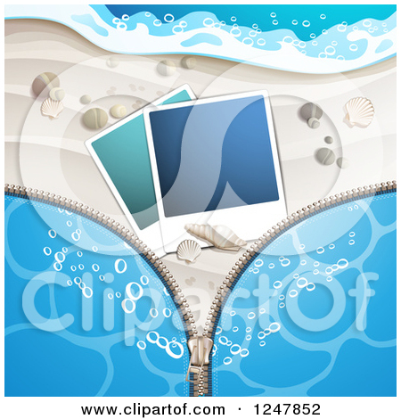 Clipart Of A Zipper Over A White Sandy Beach With Pictures And Bubbly    