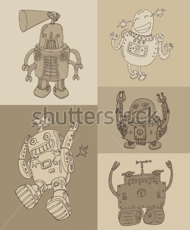 Cute Robot Set Robot Toy Icon Vector Illustration Hand Drawing Stock