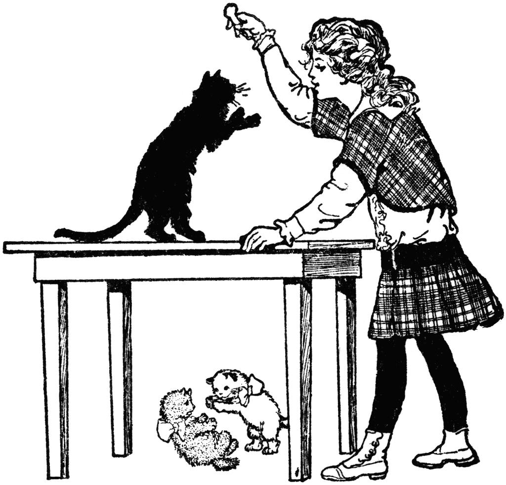Girl Playing With A Cat On Table   Clipart Etc