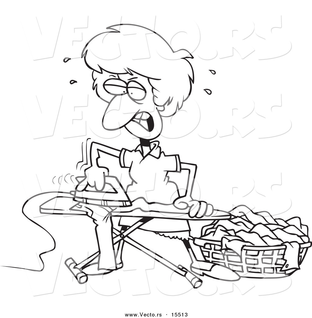 Of A Cartoon Mad Housewife Ironing Clothes   Coloring Page Outline