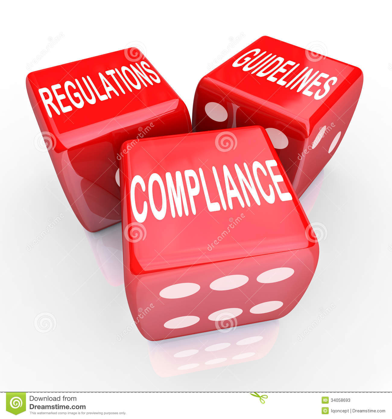 The Words Compliance Regulations And Guidelines On Three Red Dice To
