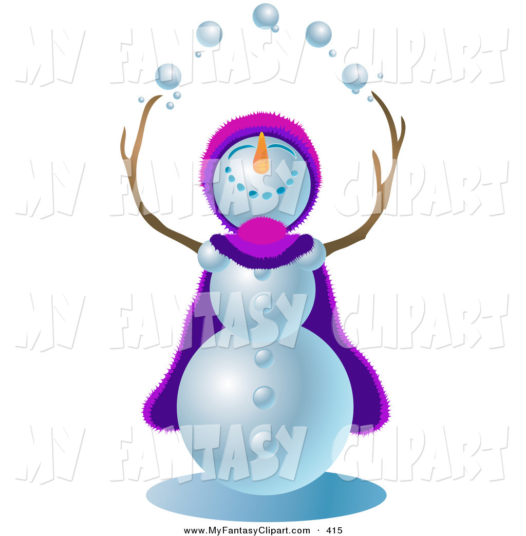 Happy Snowman Wearing A Purple And Pink Cape And Hat Looking Upwards    