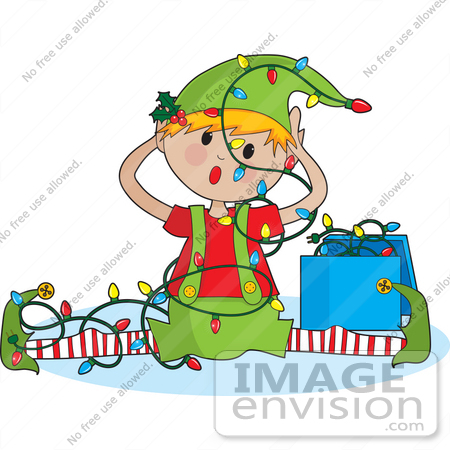 Christmas Clipart Of An Annoyed Elf Tangled In Christmas Lights After    