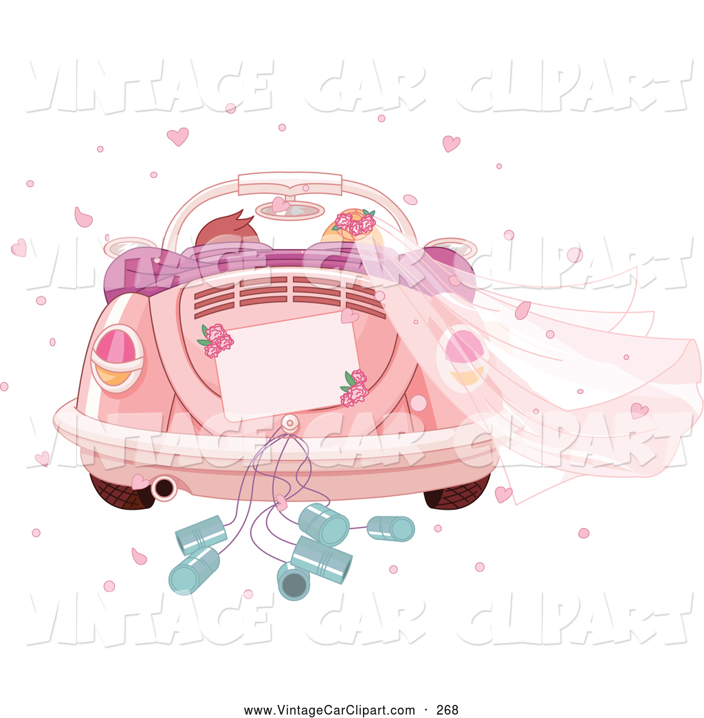 Clipart Of A Wedding Couple Driving Away In A Pink Vw Bug By Pushkin