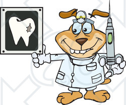 Dog Wearing A Head Lamp Holding A Syringe And Looking At A Tooth Xray