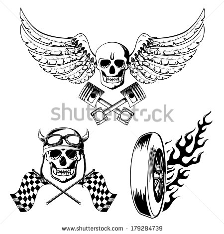 Motorcycle Bike Labels Set With Skull Flames And Flag Vector