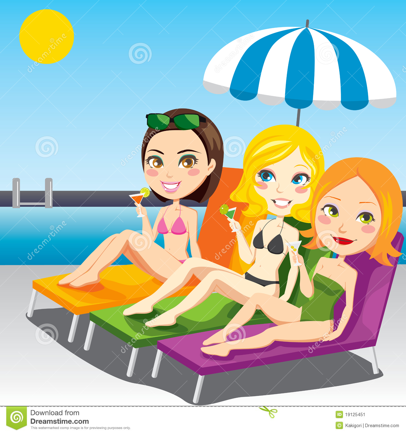 Three Attractive Women Drinking Cocktail On Swimming Pool Side Sitting