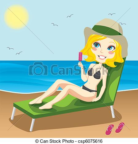     Woman Sitting On A Chaise Lounge Sunbathing And Eating An Ice Popsicle