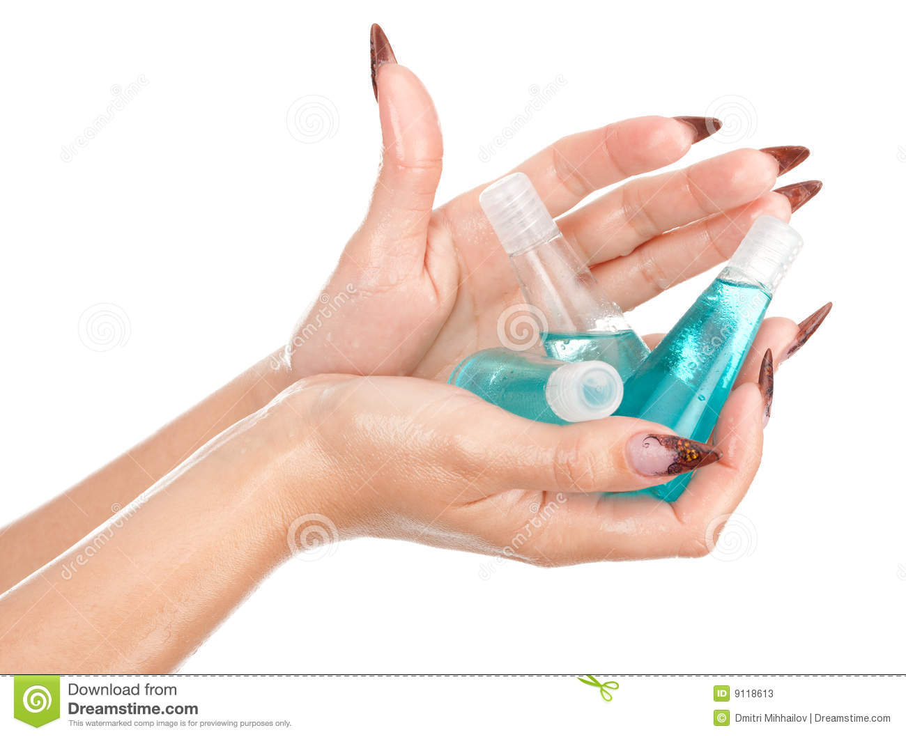 Beautiful Wet Hands Holding Bottles With Shampoo Stock Photos   Image