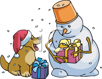 Clip Art Picture Of A Dog Exchanging Christmas Gifts With A Snowman    