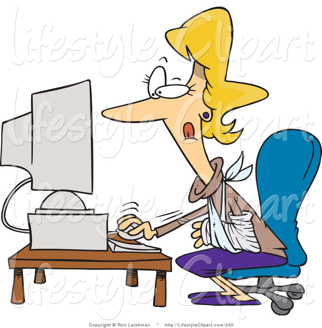 Clipart Of A Hurt Caucasian Blond Woman Using A Desktop Computer