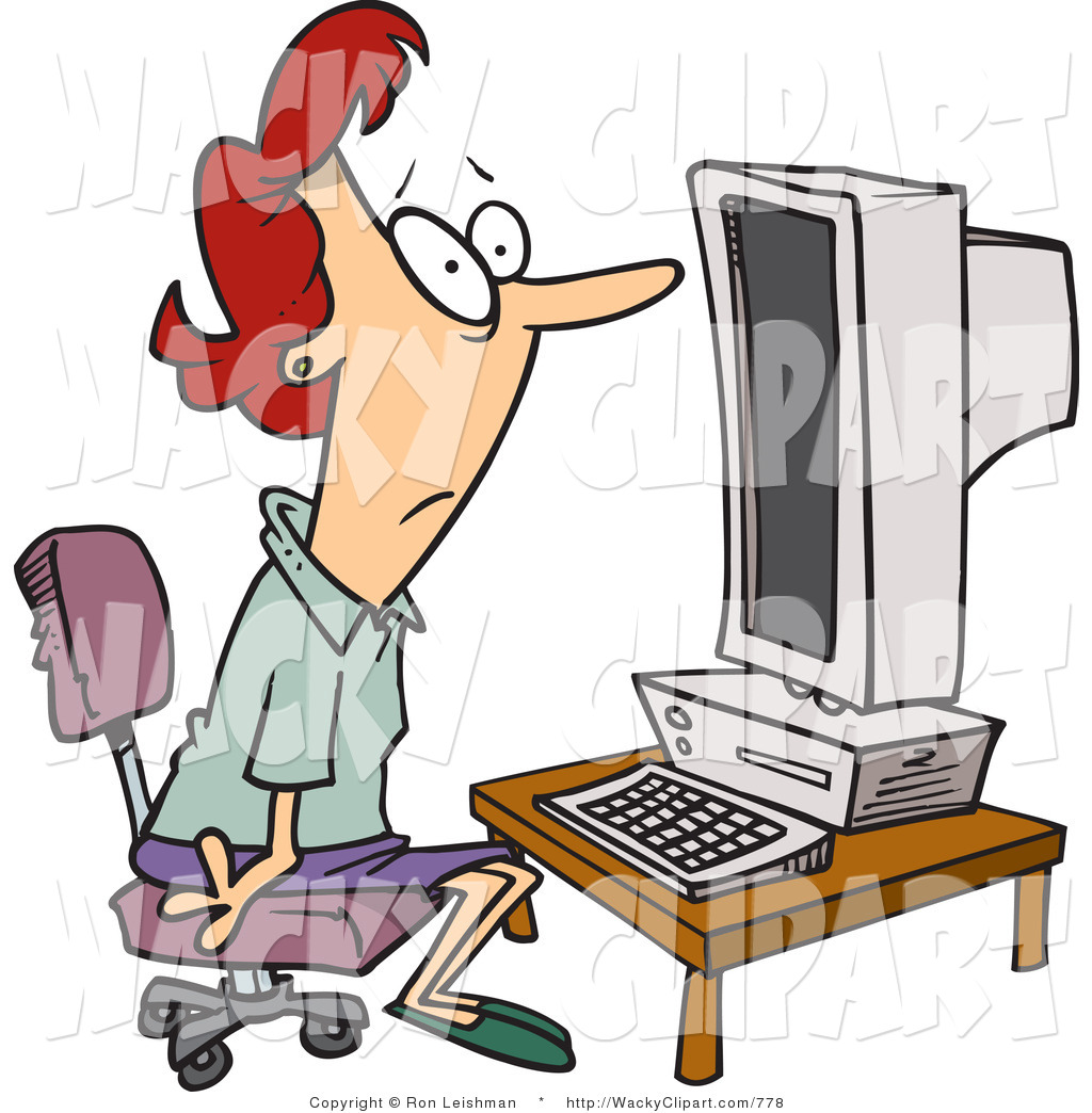 Clipart Of A Wide Eyed Computer Illiterate Woman Sitting In Front Of A
