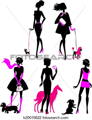 Clipart Of Set Of Black Silhouettes Of Fashionable Girls With Their