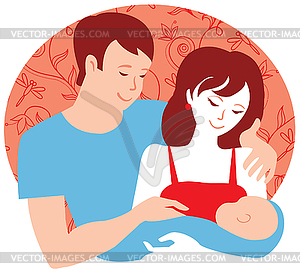 Family  Yung Parents With Newborn Baby Boy   Vector Clip Art